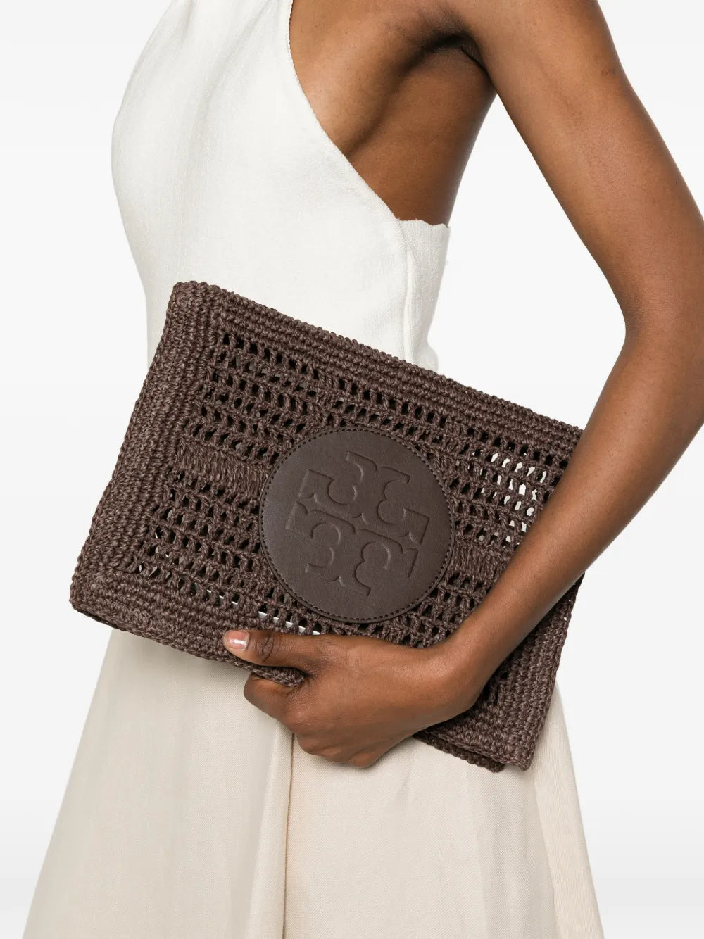 Tory Burch logo-patch woven clutch bag