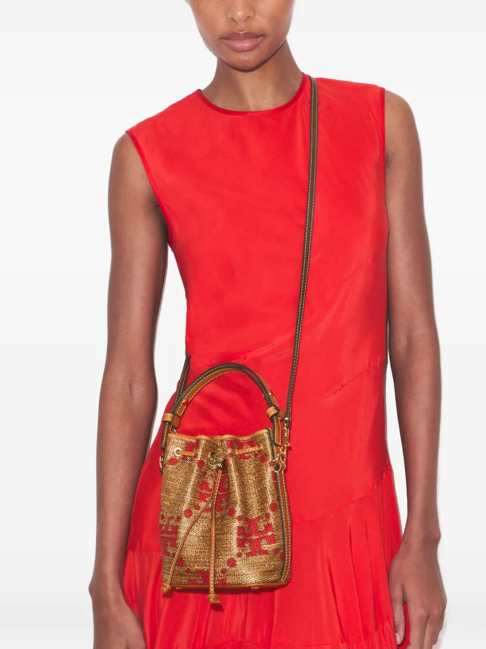 Tory Burch T Monogram straw mini bucket bag