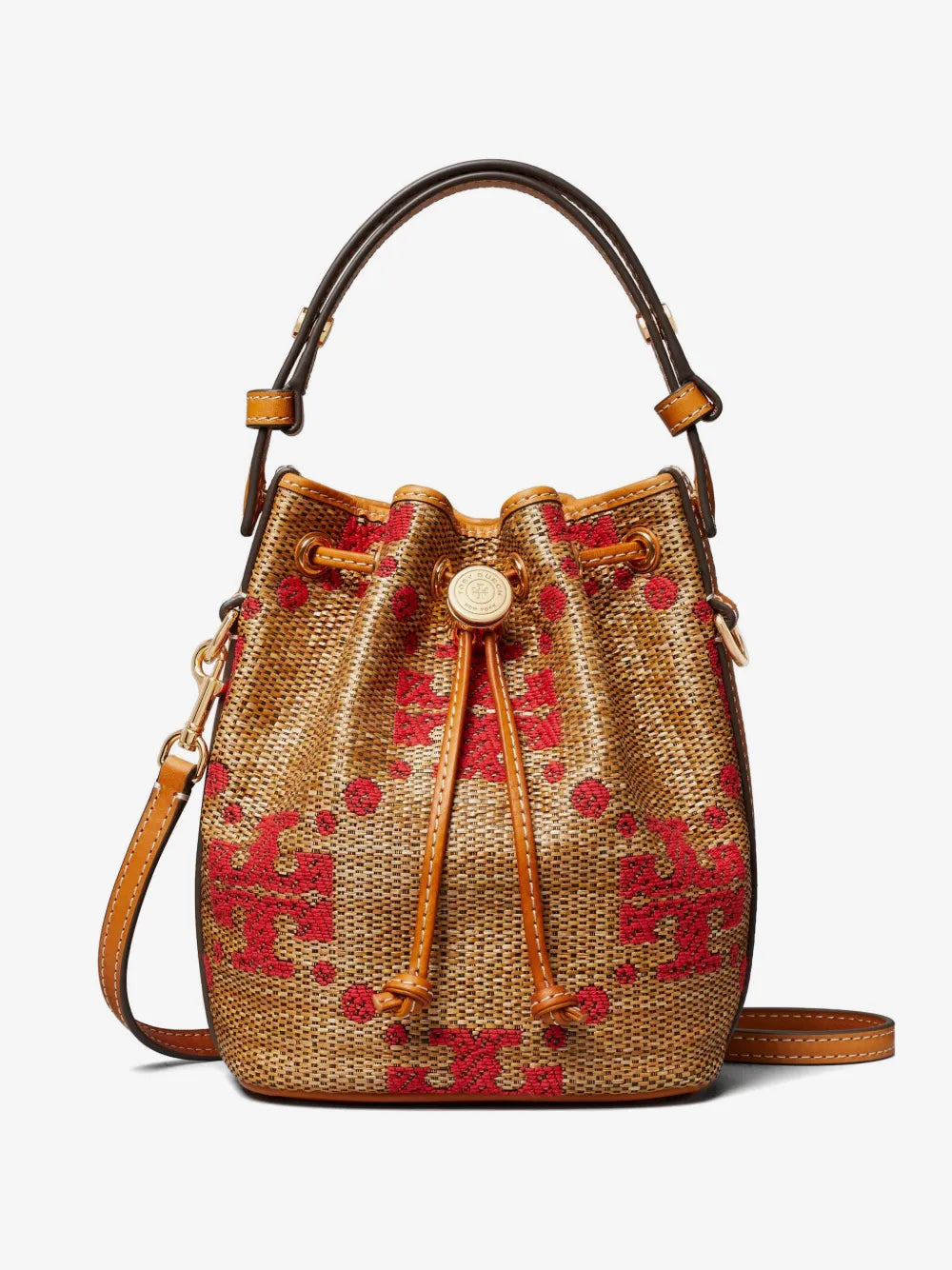 Tory Burch T Monogram straw mini bucket bag