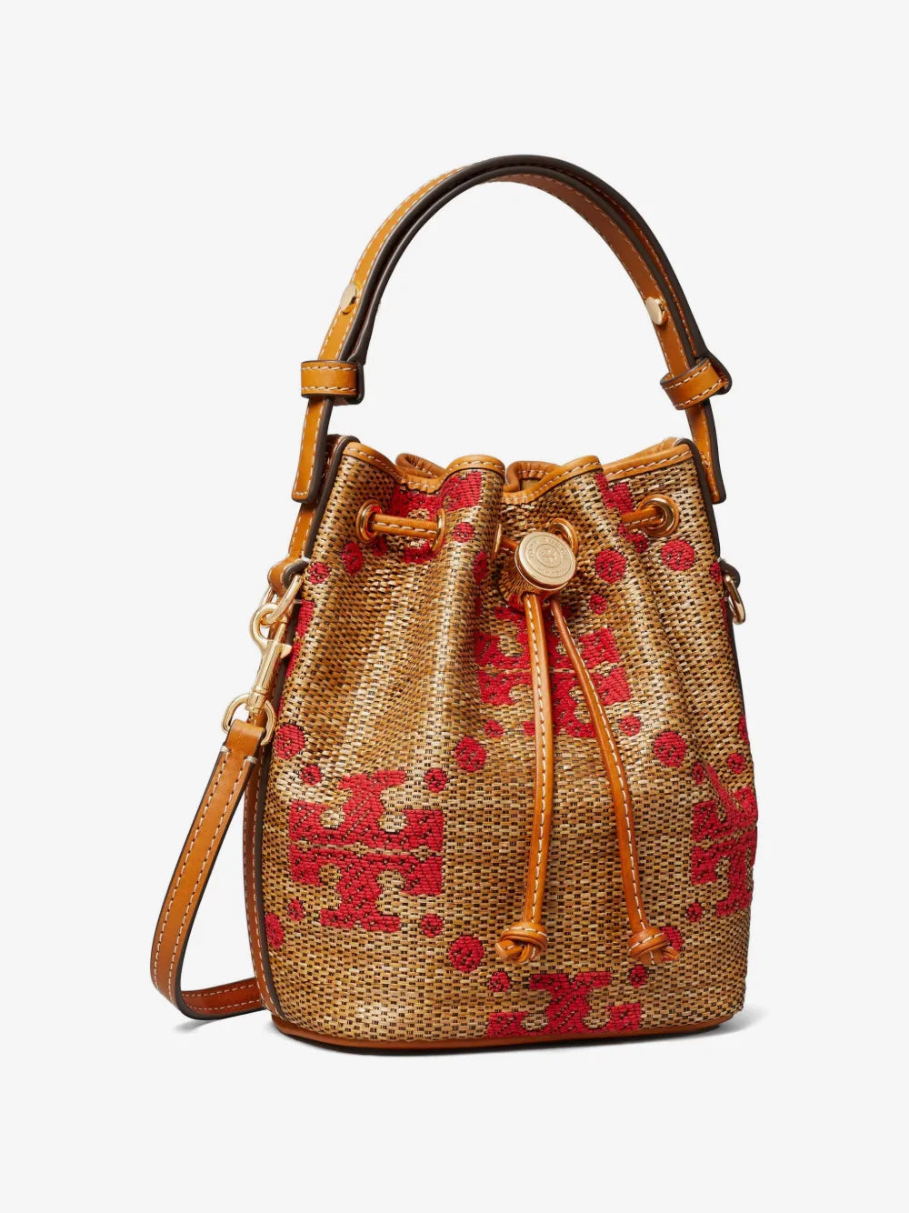 Tory Burch T Monogram straw mini bucket bag