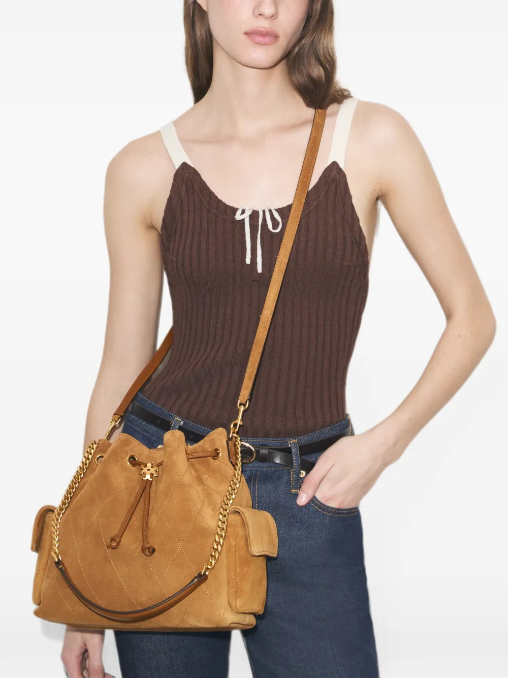 Tory Burch Charlie quilted suede drawstring shoulder bag