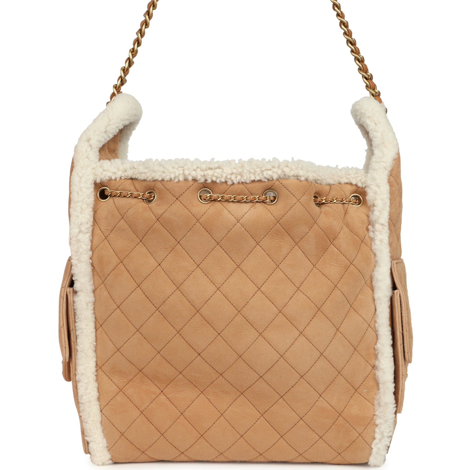 Chanel Medium 25 Hobo Bag Beige Suede and White Shearling Antique Gold Hardware