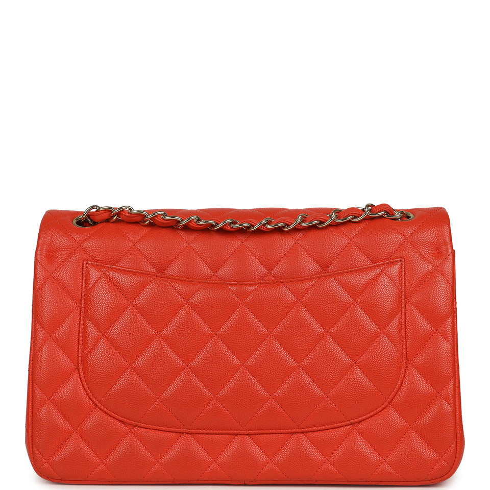 Pre-owned Chanel Jumbo Classic Double Flap Bag Dark Orange Shiny Caviar Light Gold Hardware