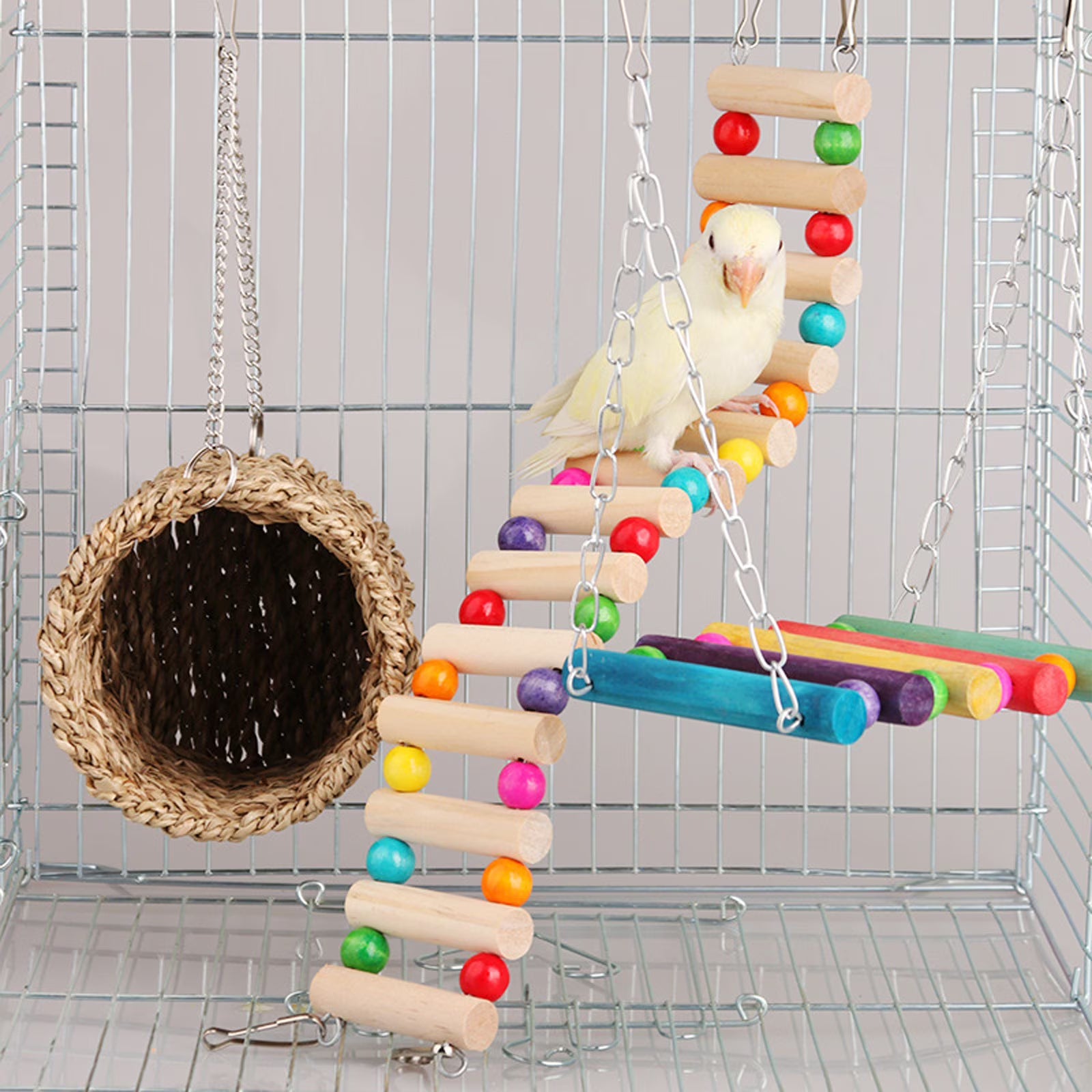 Parrot Ladder, Wooden Ladder with Colorful Beads Steps Climbing Bridge Bird Cage Play Conure Toys for Conure Parakeet Budgie Lovebirds, Parakeet Cage Accessories